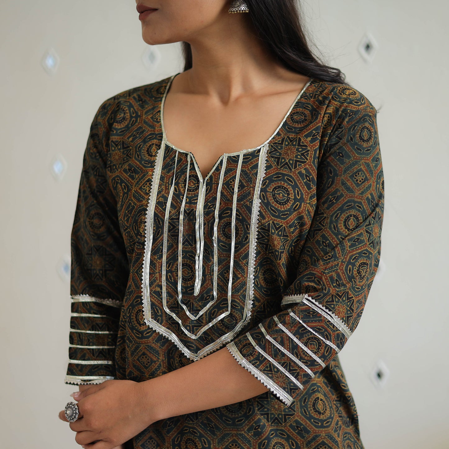 Green Block Print Cotton Gota Work Short Ajrakh Kurta for Women