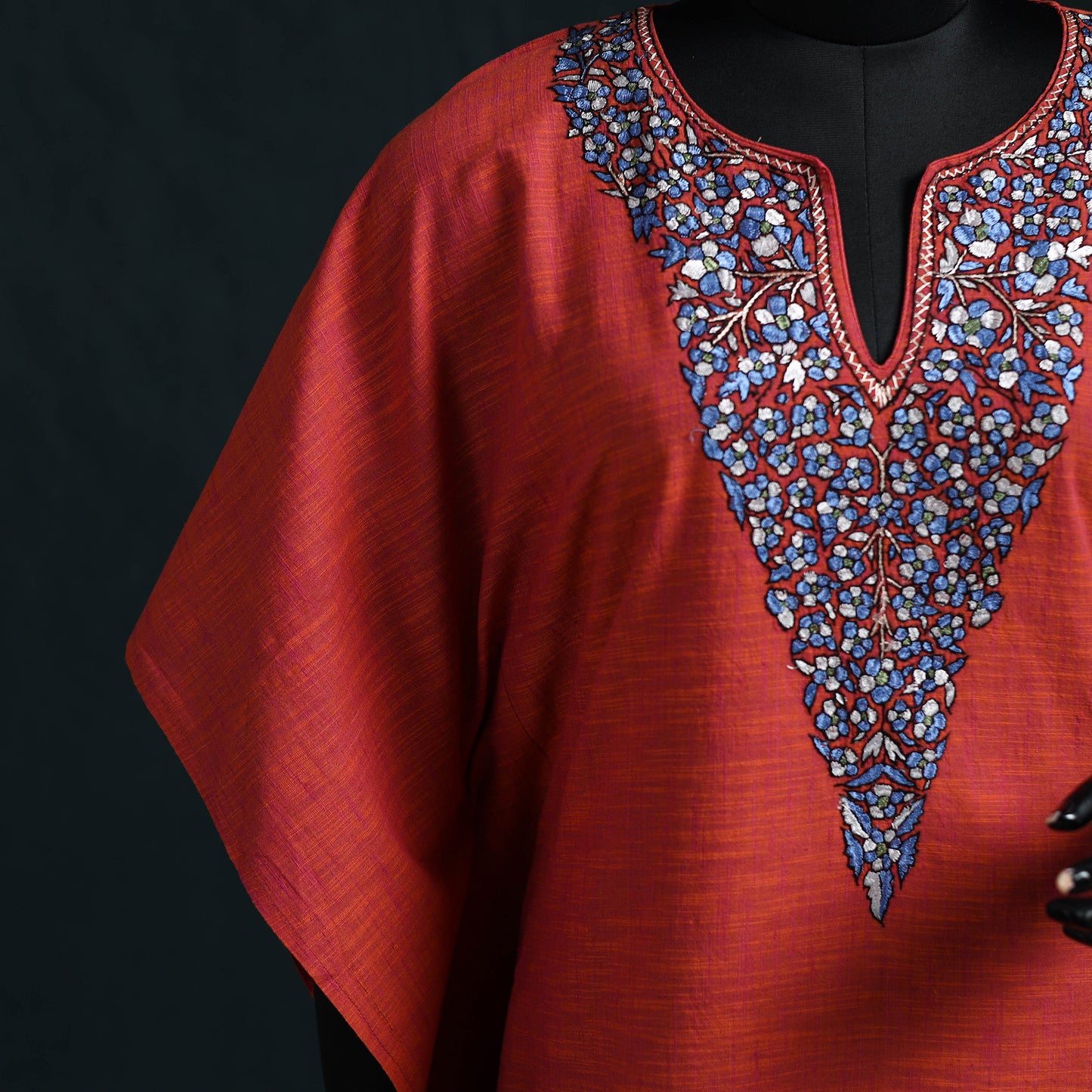 Red - Kashmiri Kashida Hand Embroidered Cotton Kaftan (Medium) 17
