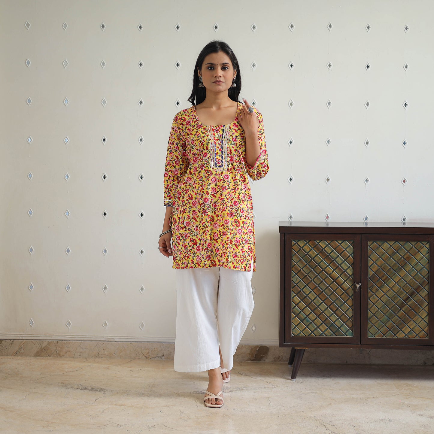 Yellow Block Printed Cotton Gota Work Short Sanganeri Kurta