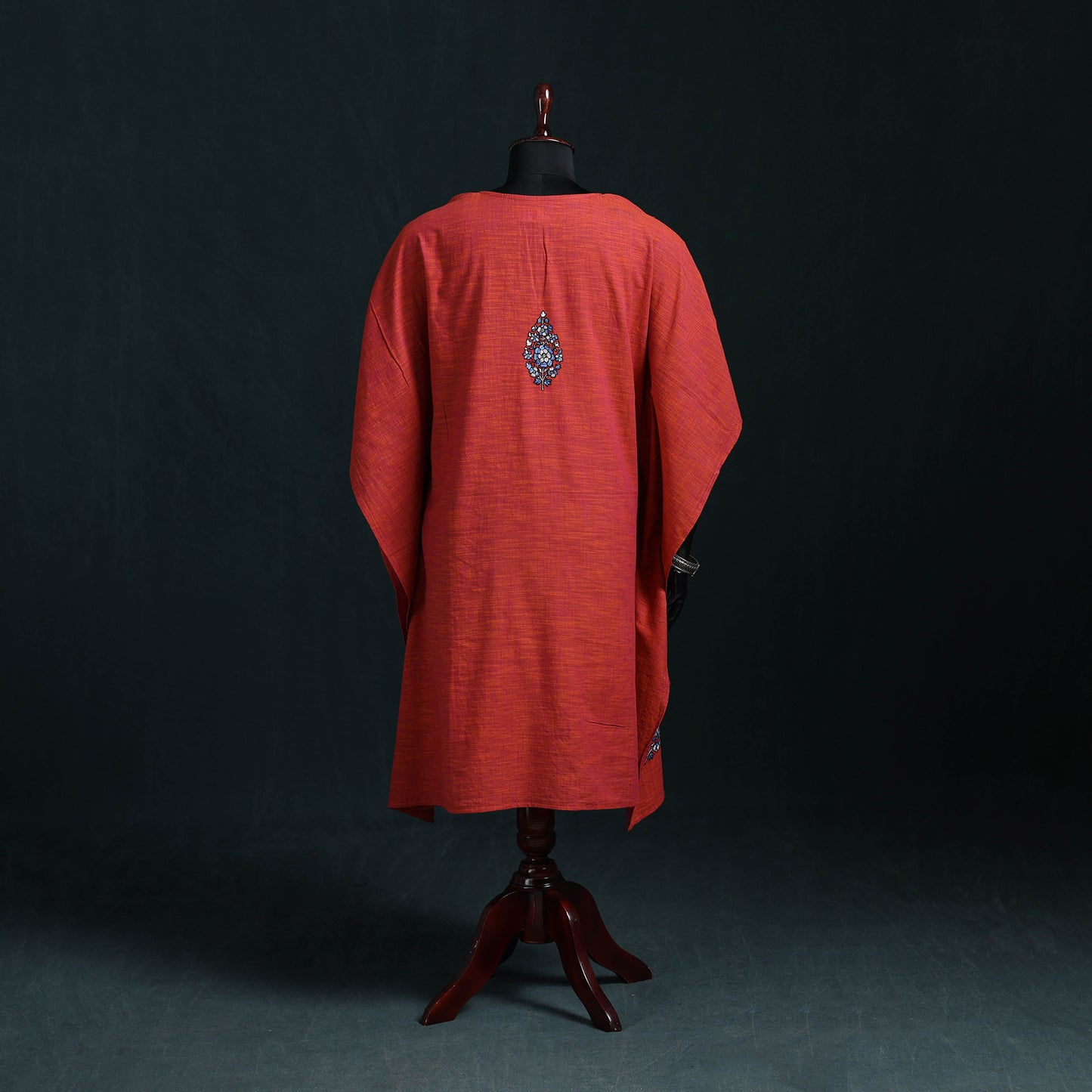 Red - Kashmiri Kashida Hand Embroidered Cotton Kaftan (Medium) 17