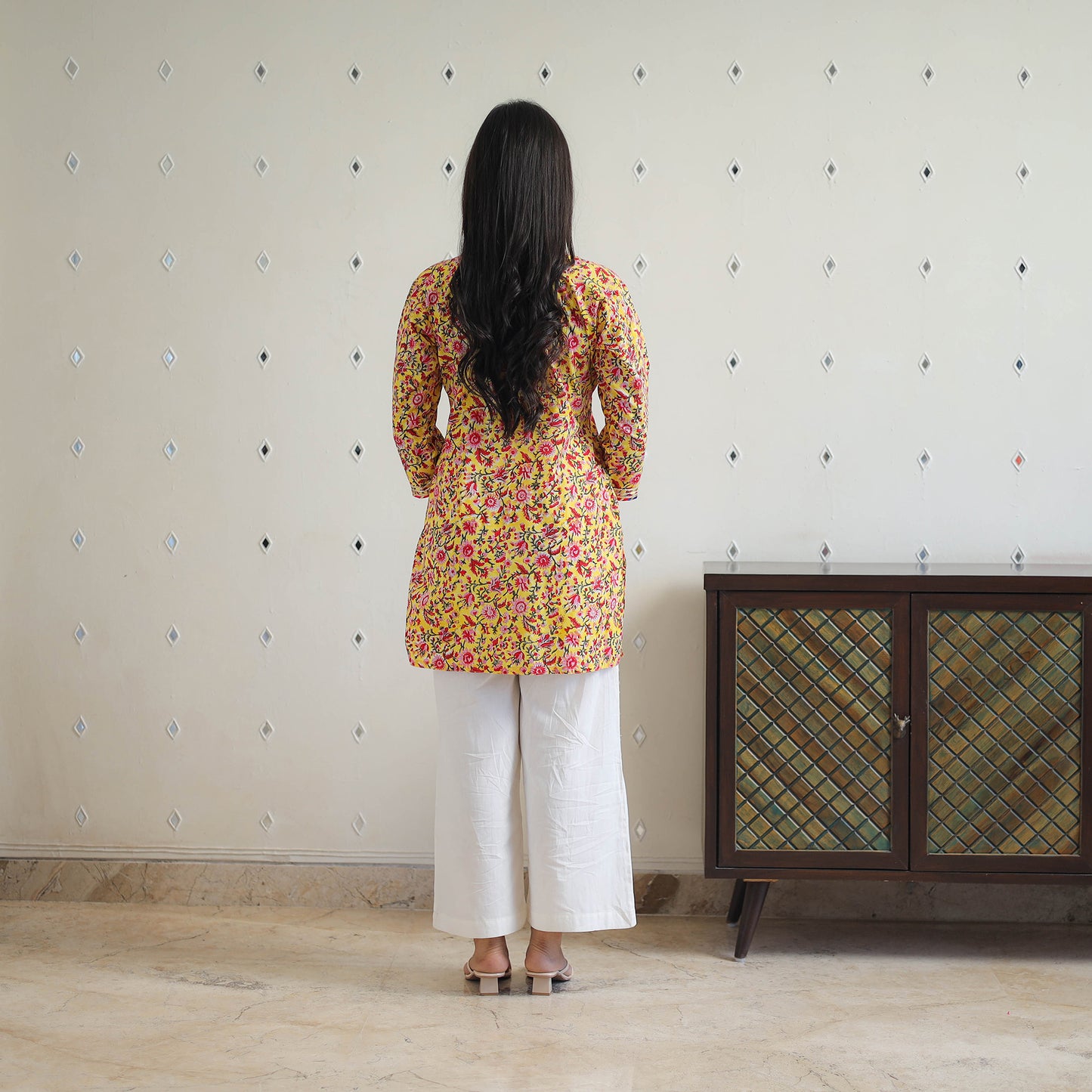 Yellow Block Printed Cotton Gota Work Short Sanganeri Kurta