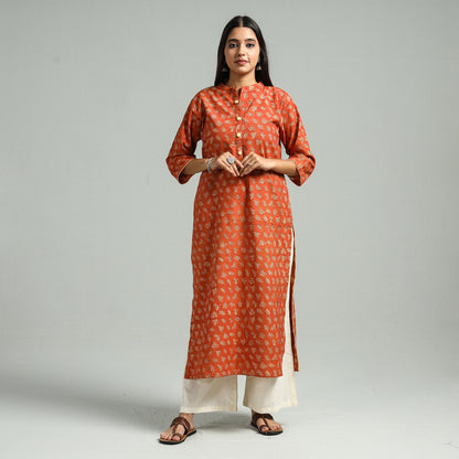 Orange - Pedana Kalamkari Hand Block Printed Cotton Straight Kurta