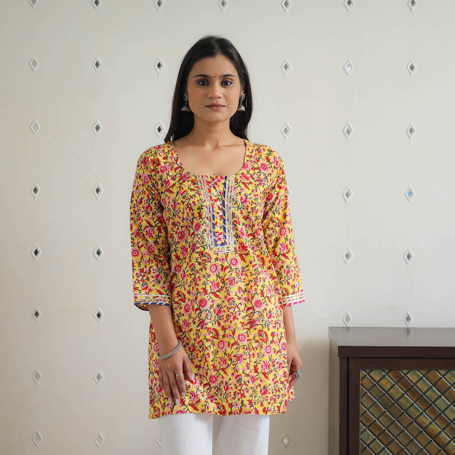 Yellow Block Printed Cotton Gota Work Short Sanganeri Kurta