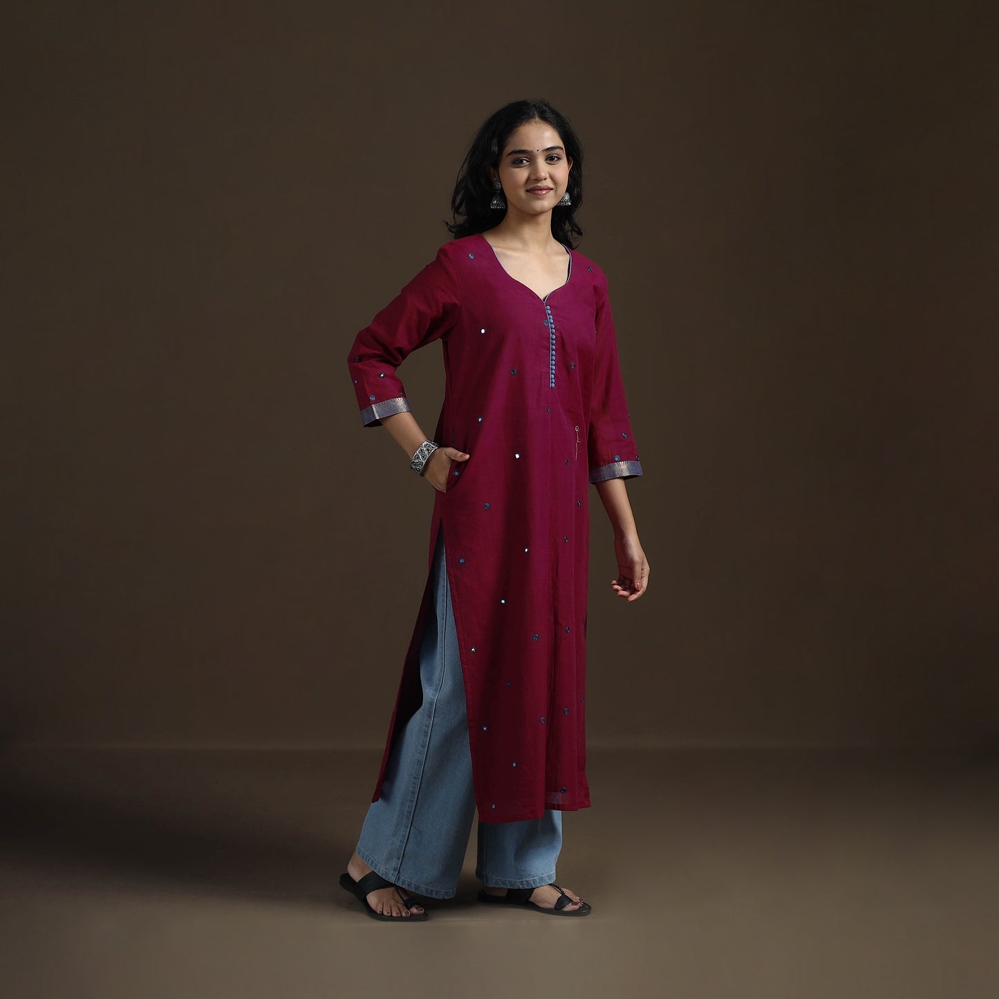 Mangalagiri Pure Handwoven Cotton Mirror Work Straight Kurta for women 27