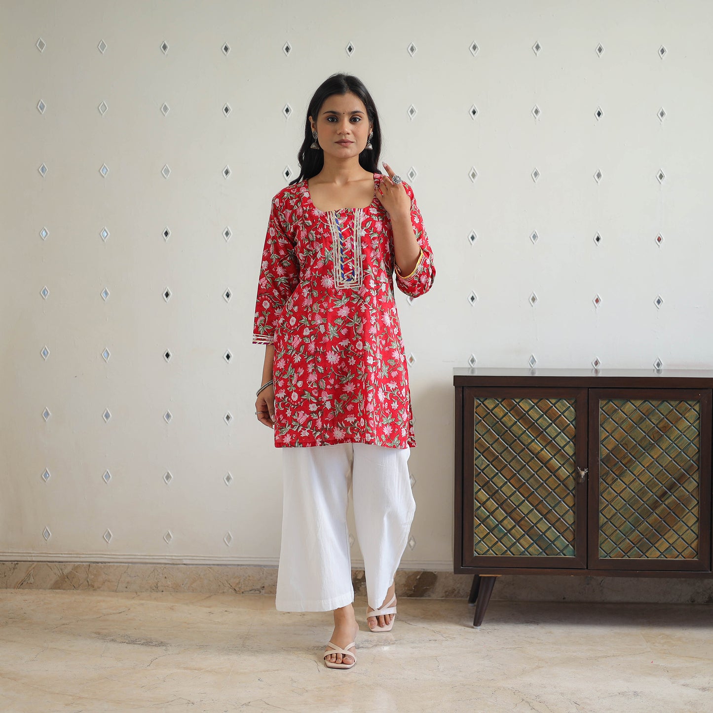 Red Block Printed Cotton Gota Work Short Sanganeri Kurta for Women