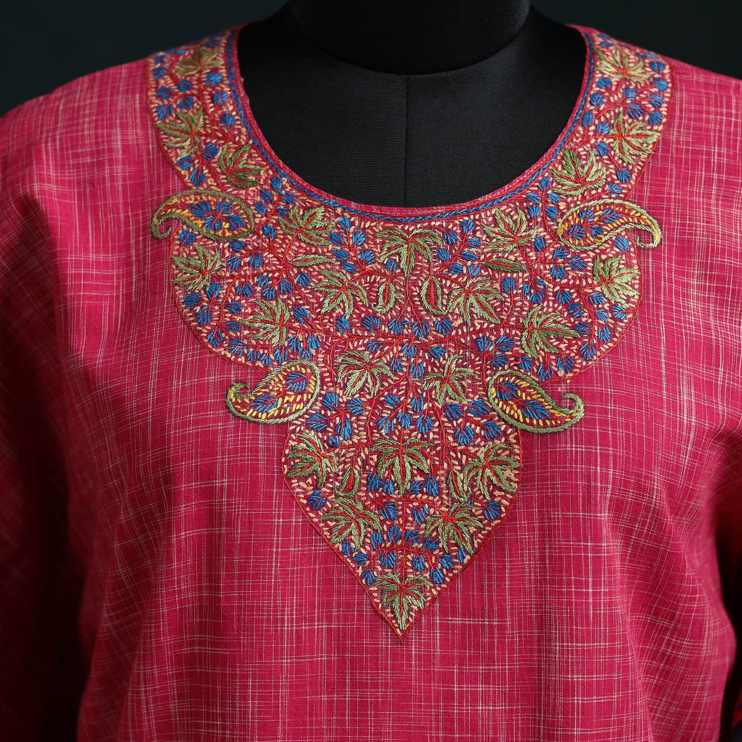 Pink - Kashmiri Sozni Hand Embroidered Cotton Kaftan (Medium) 18