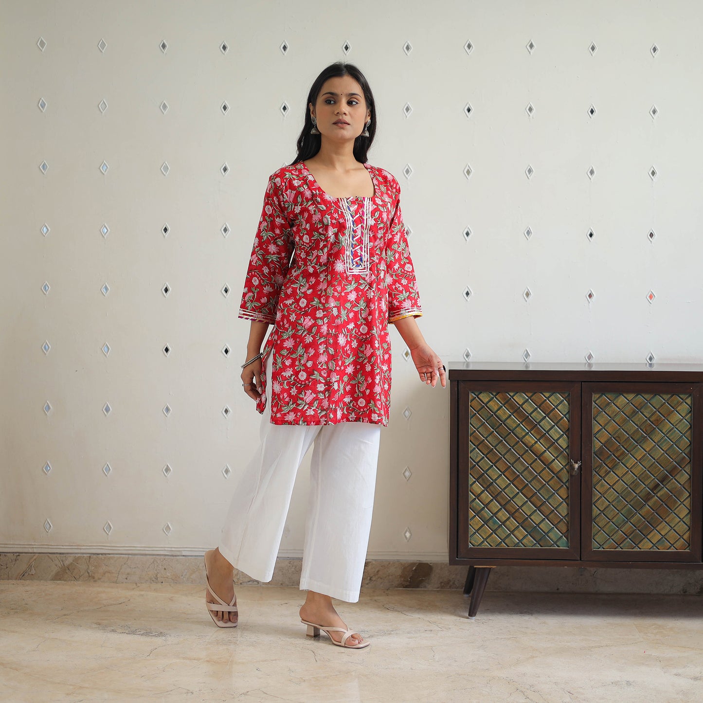 Red Block Printed Cotton Gota Work Short Sanganeri Kurta for Women