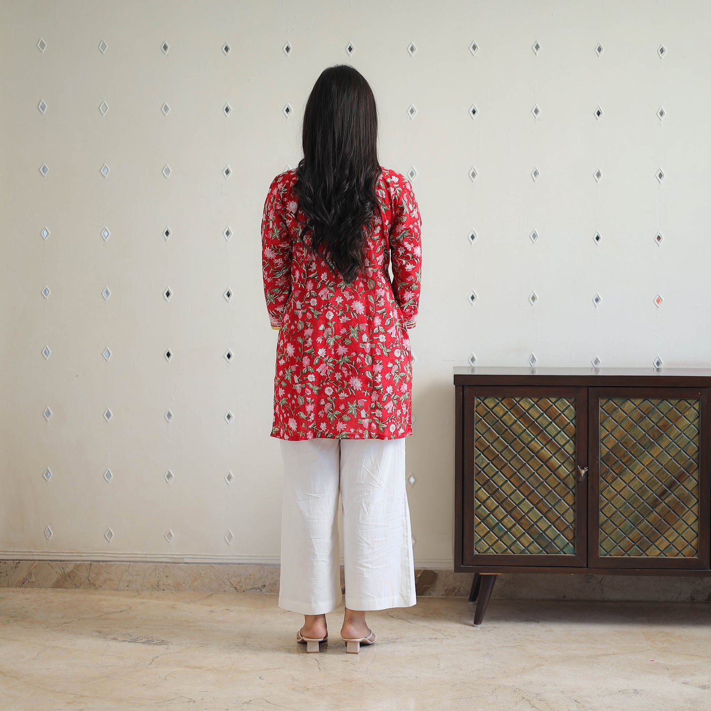 Red Block Printed Cotton Gota Work Short Sanganeri Kurta for Women