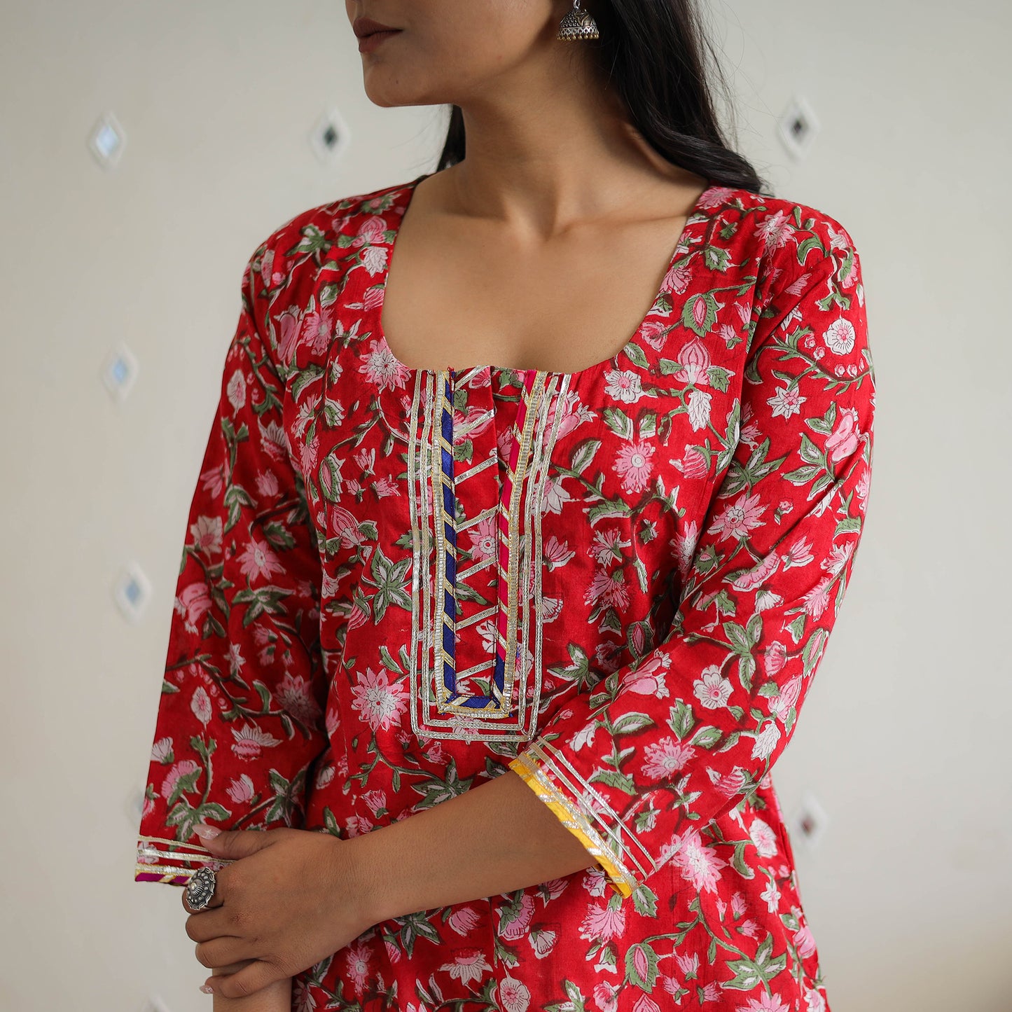 Red Block Printed Cotton Gota Work Short Sanganeri Kurta for Women