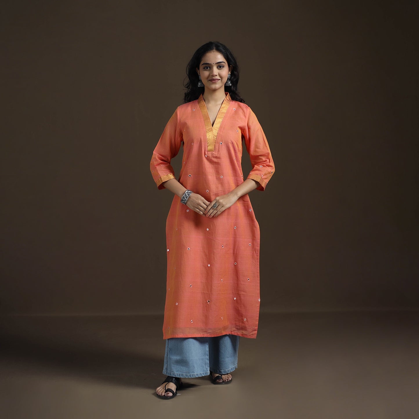 Mangalagiri Pure Handwoven Cotton Mirror Work Straight Kurta for women 13