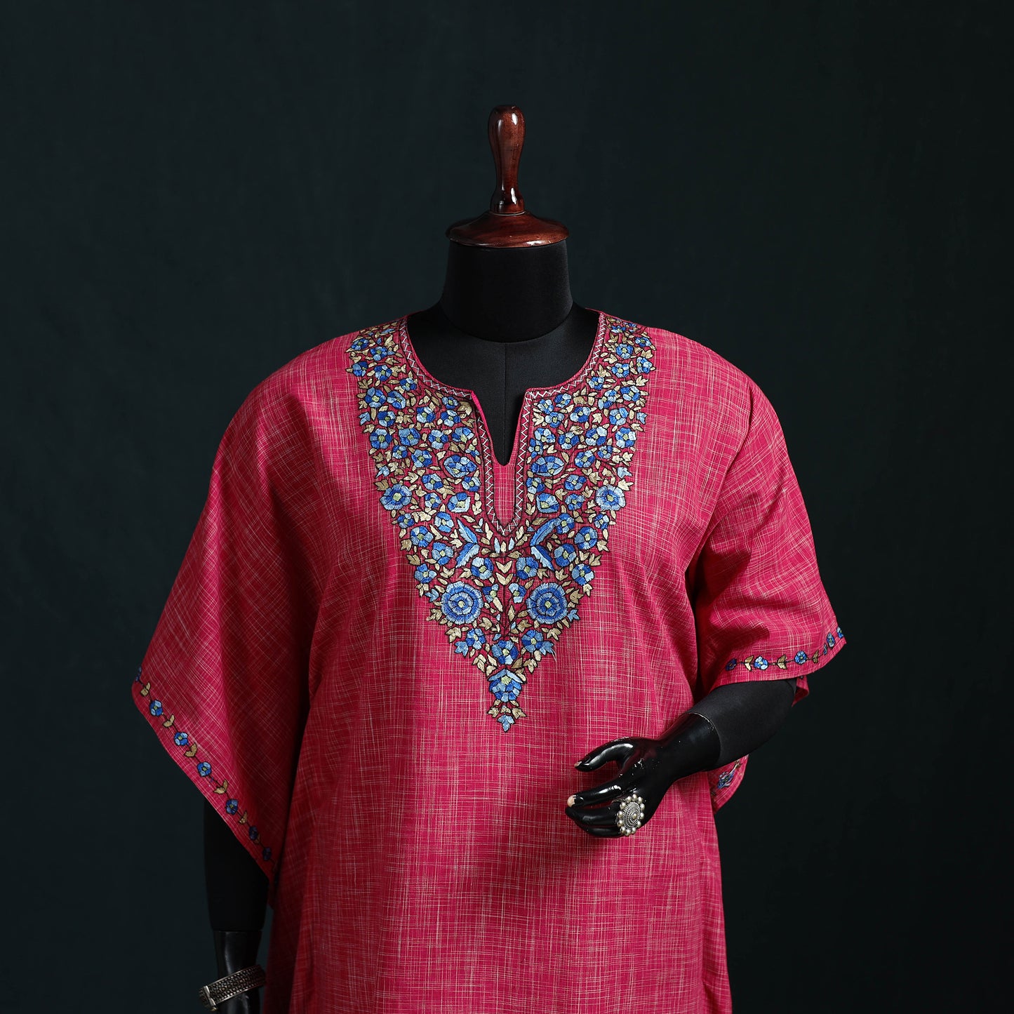 Pink - Kashmiri Kashida Hand Embroidered Cotton Kaftan (Medium) 20