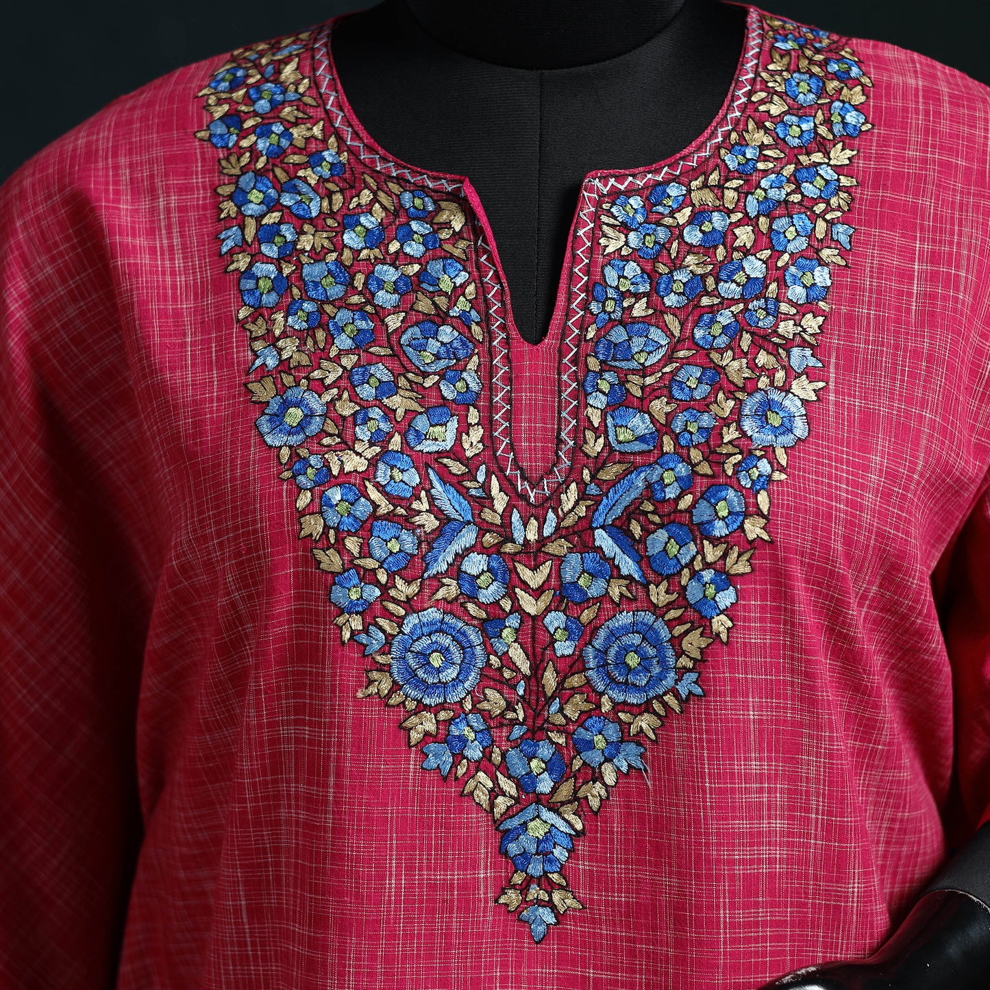 Pink - Kashmiri Kashida Hand Embroidered Cotton Kaftan (Medium) 20