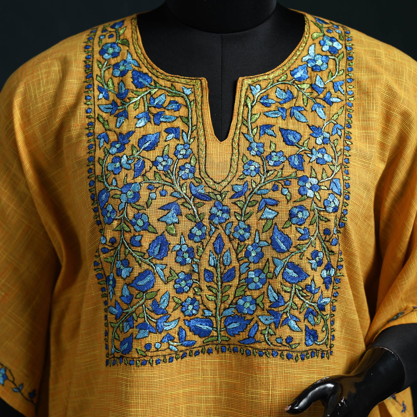 Yellow - Kashmiri Kashida Hand Embroidered Cotton Kaftan (Medium) 21