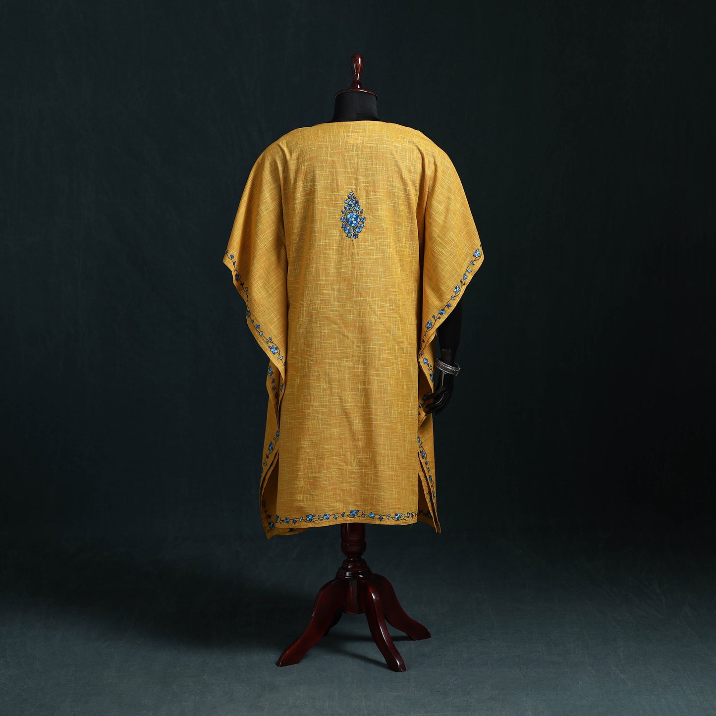 Yellow - Kashmiri Kashida Hand Embroidered Cotton Kaftan (Medium) 21