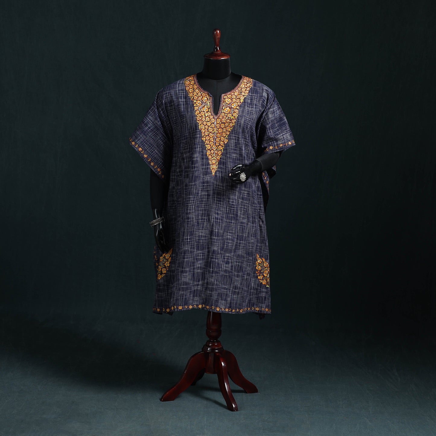 Blue - Kashmiri Kashida Hand Embroidered Cotton Kaftan (Medium) 22