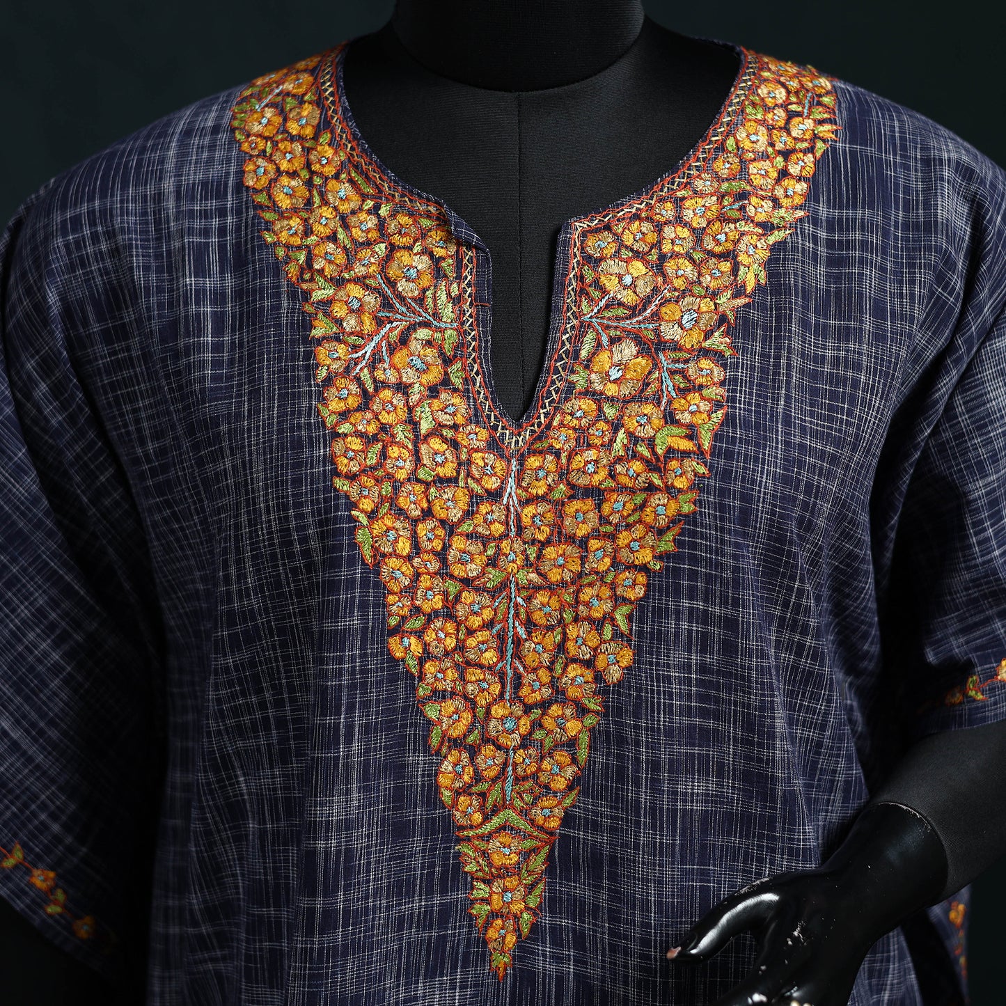 Blue - Kashmiri Kashida Hand Embroidered Cotton Kaftan (Medium) 22
