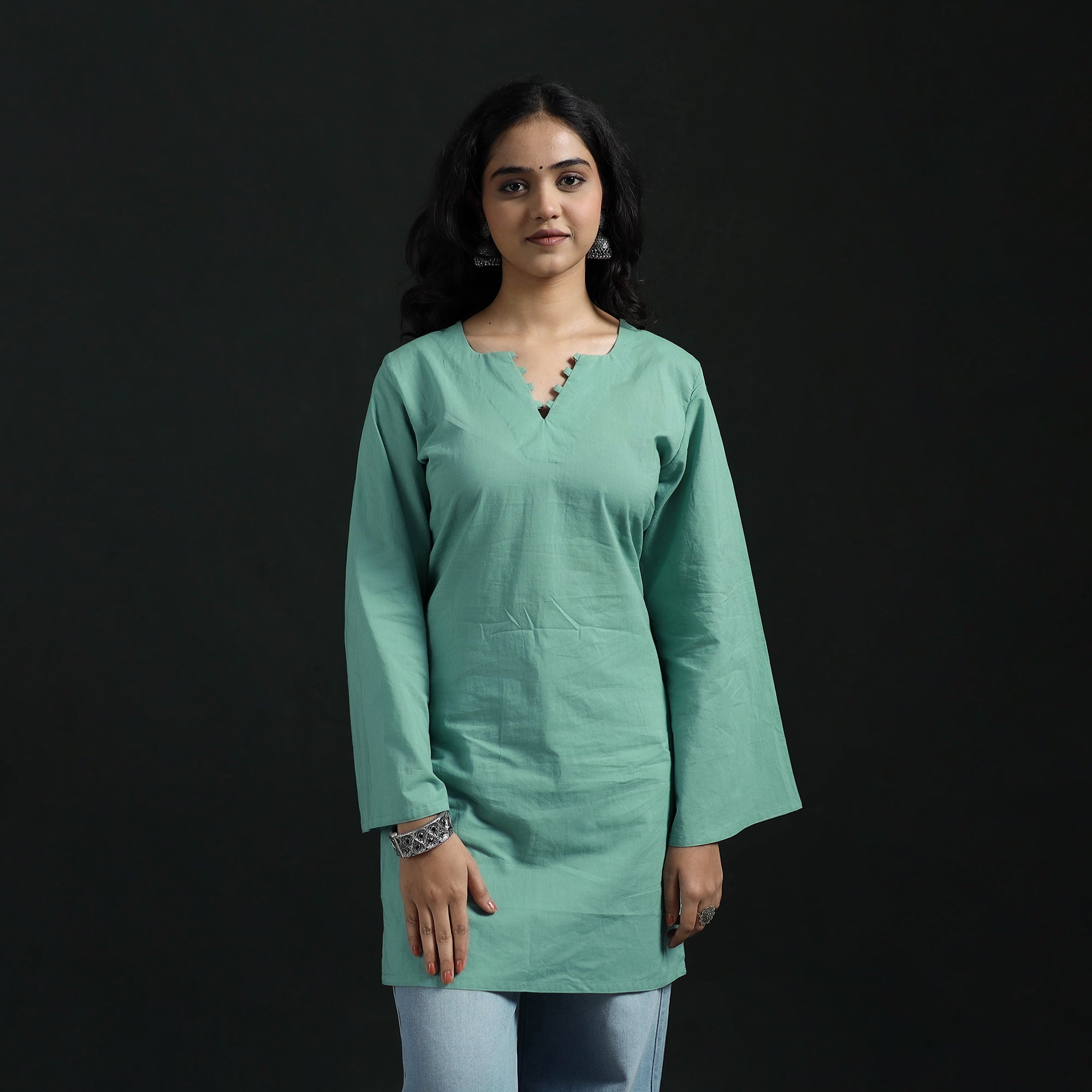 Green - Plain Cotton Short Kurta for Women 11