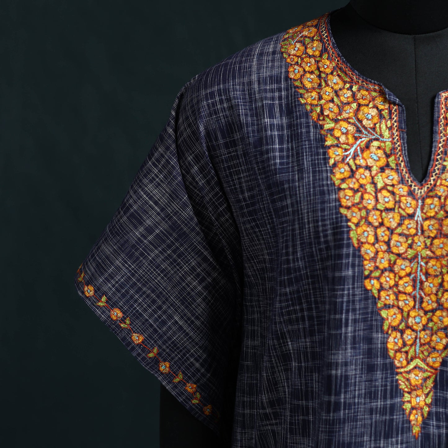 Blue - Kashmiri Kashida Hand Embroidered Cotton Kaftan (Medium) 22