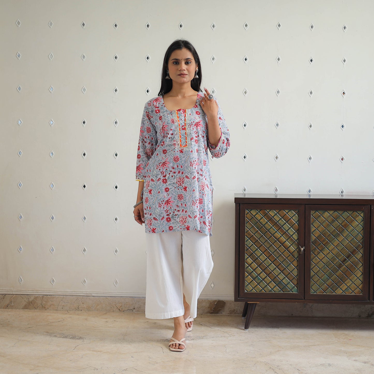 Grey Block Printed Cotton Gota Work Short Sanganeri Kurta for Women