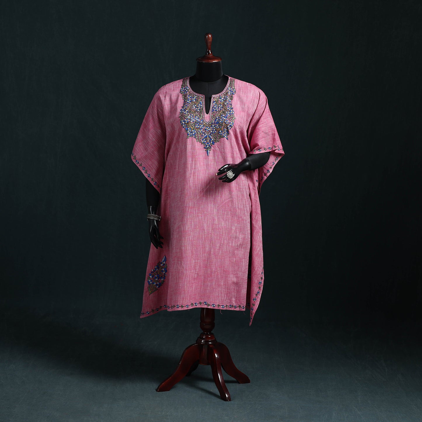 Pink - Kashmiri Kashida Hand Embroidered Cotton Kaftan (Medium) 23
