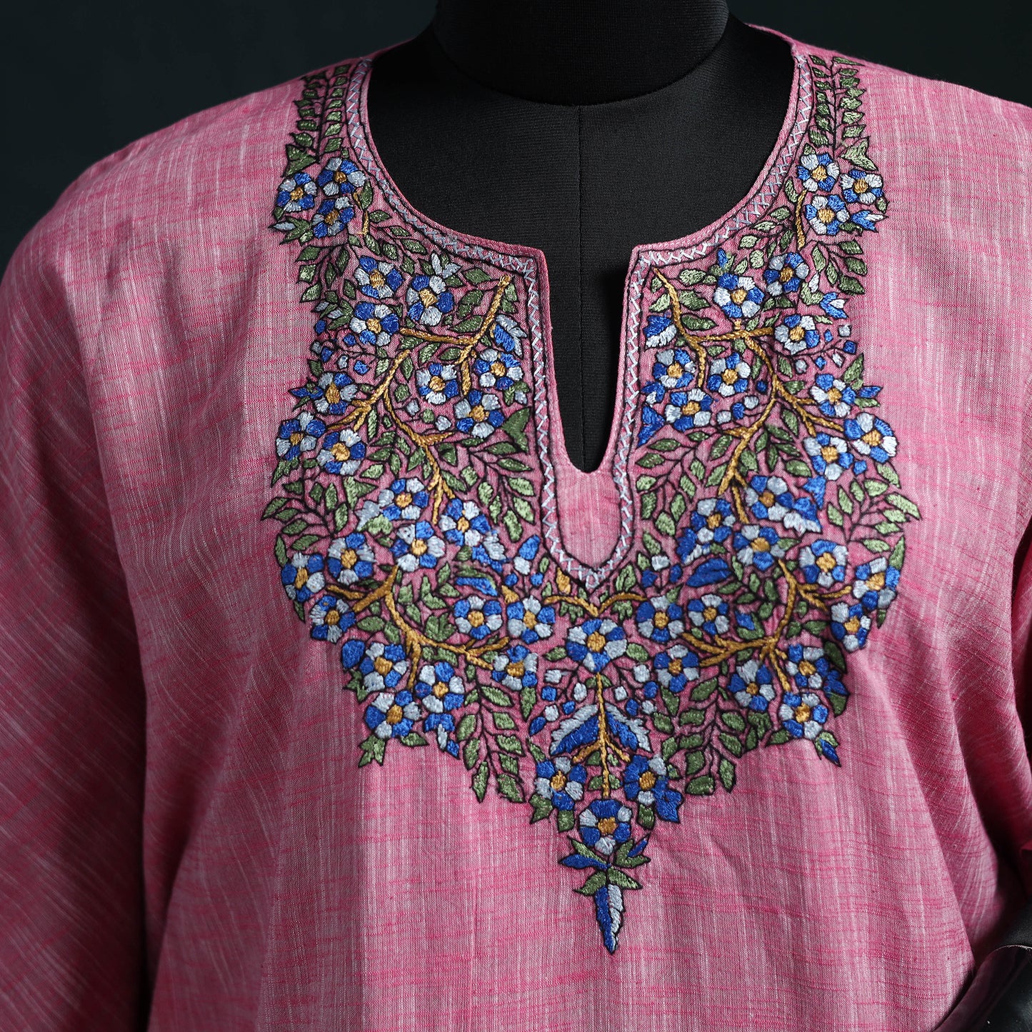 Pink - Kashmiri Kashida Hand Embroidered Cotton Kaftan (Medium) 23