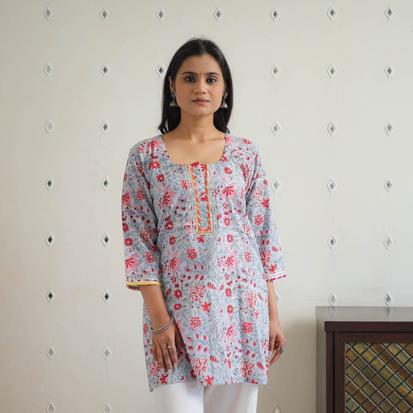 Grey Block Printed Cotton Gota Work Short Sanganeri Kurta for Women