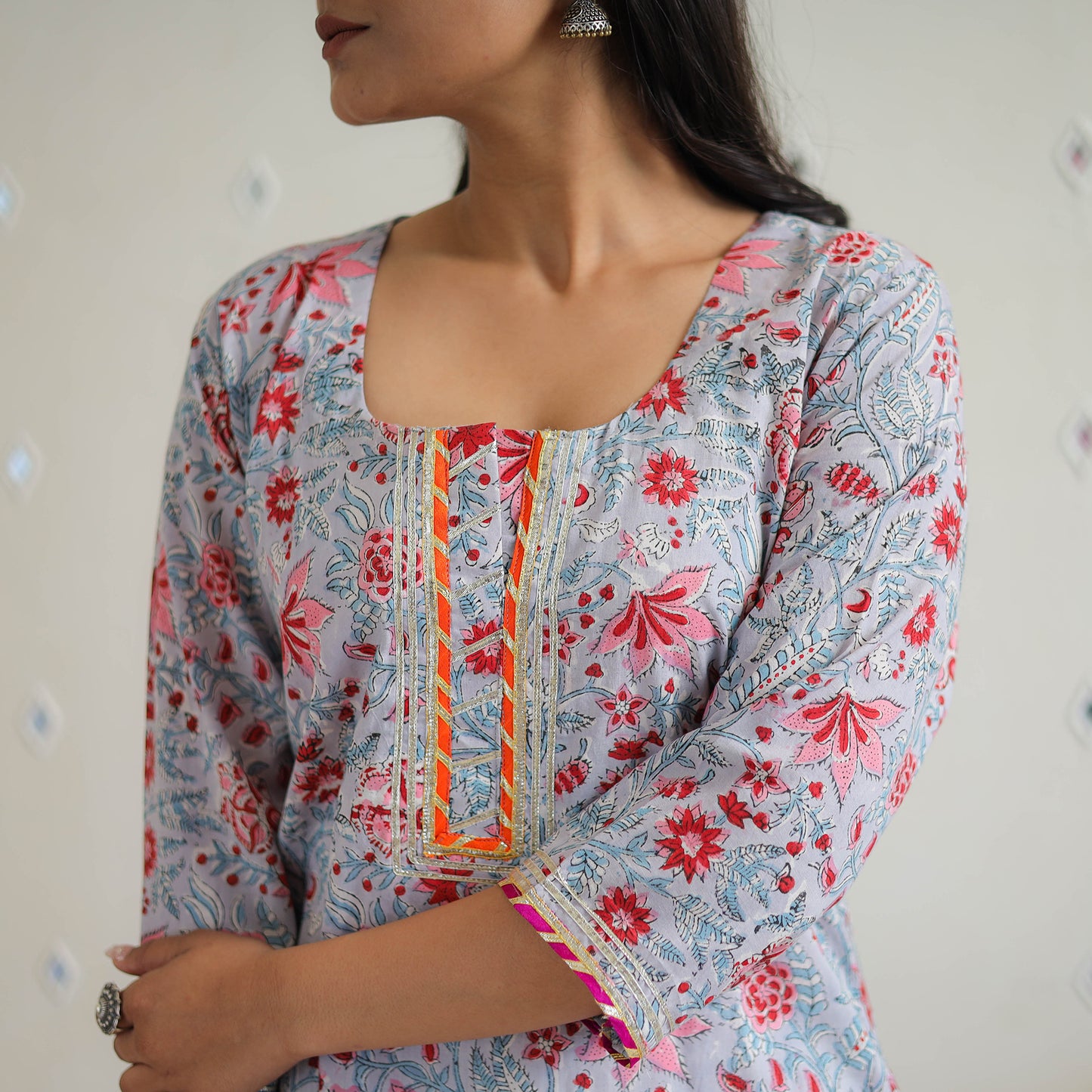 Grey Block Printed Cotton Gota Work Short Sanganeri Kurta for Women