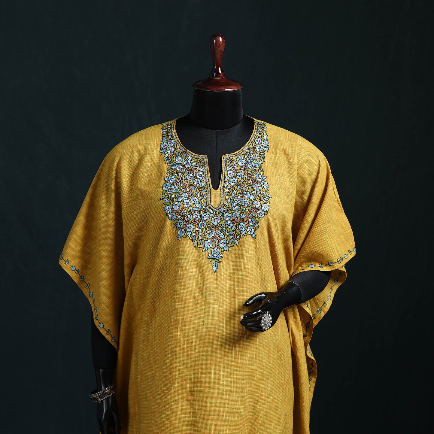 Yellow - Kashmiri Kashida Hand Embroidered Cotton Kaftan (Medium) 24