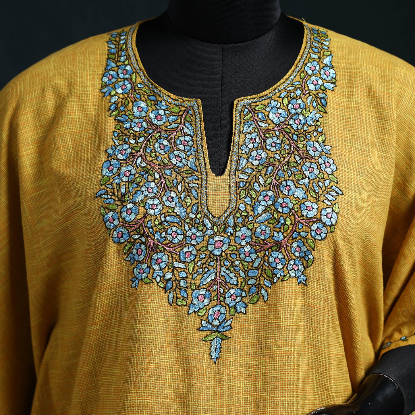 Yellow - Kashmiri Kashida Hand Embroidered Cotton Kaftan (Medium) 24