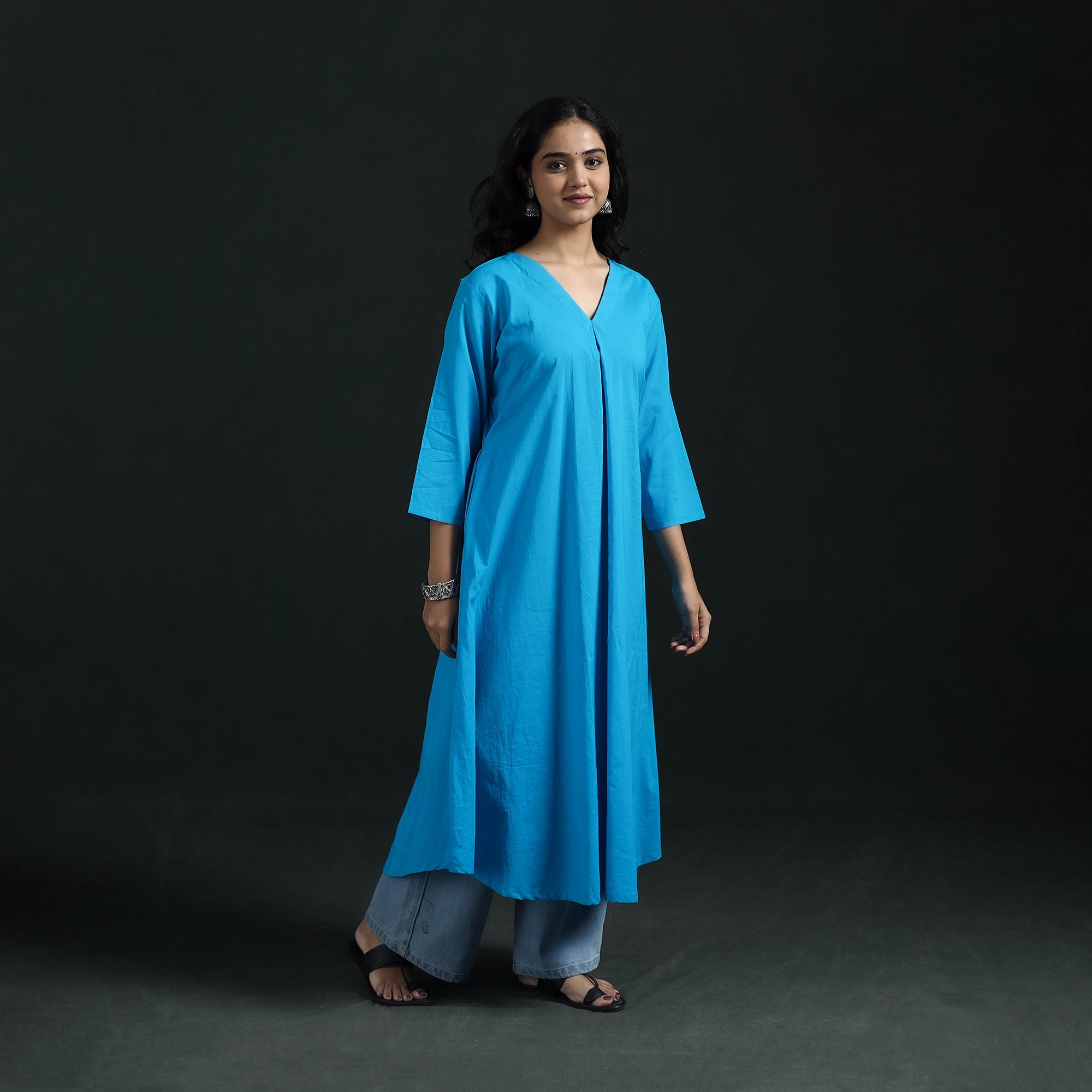 Blue - Plain Cotton A-Line Long Kurta for Women 03