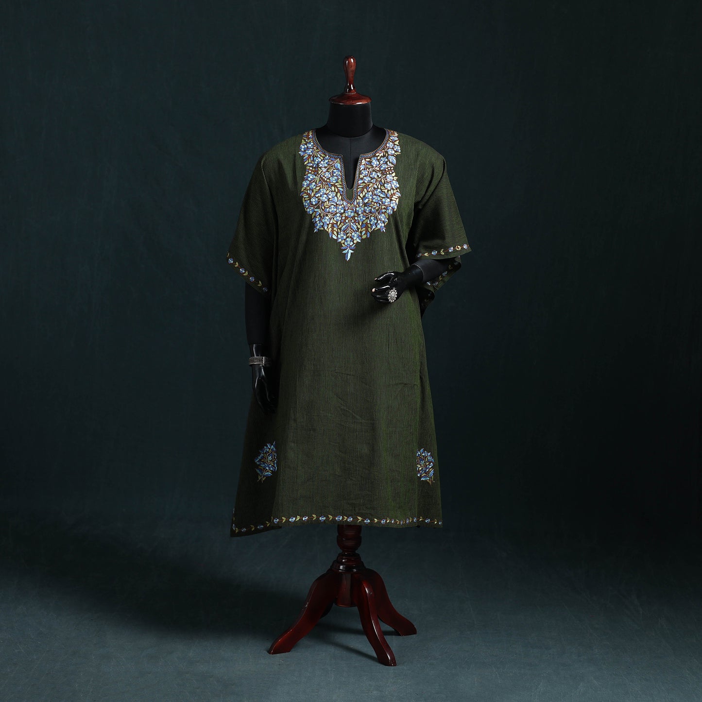 Green - Kashmiri Kashida Hand Embroidered Cotton Kaftan (Medium) 25