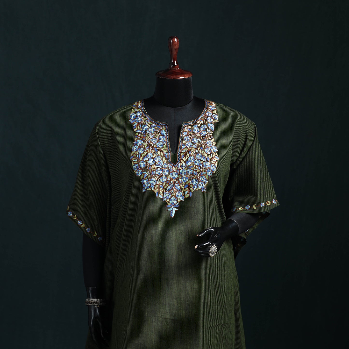 Green - Kashmiri Kashida Hand Embroidered Cotton Kaftan (Medium) 25