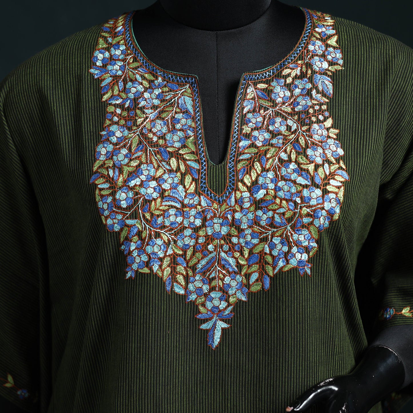 Green - Kashmiri Kashida Hand Embroidered Cotton Kaftan (Medium) 25