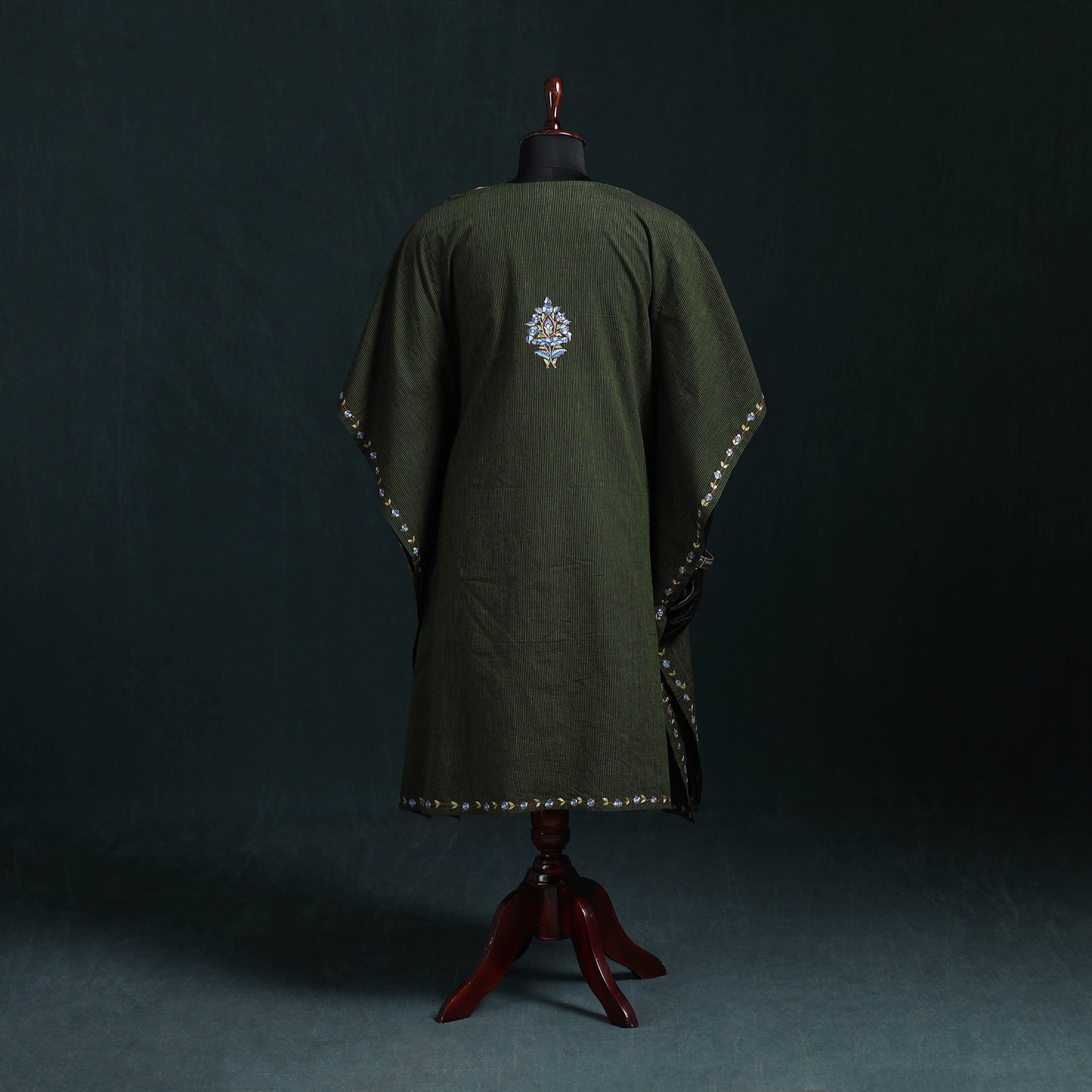 Green - Kashmiri Kashida Hand Embroidered Cotton Kaftan (Medium) 25
