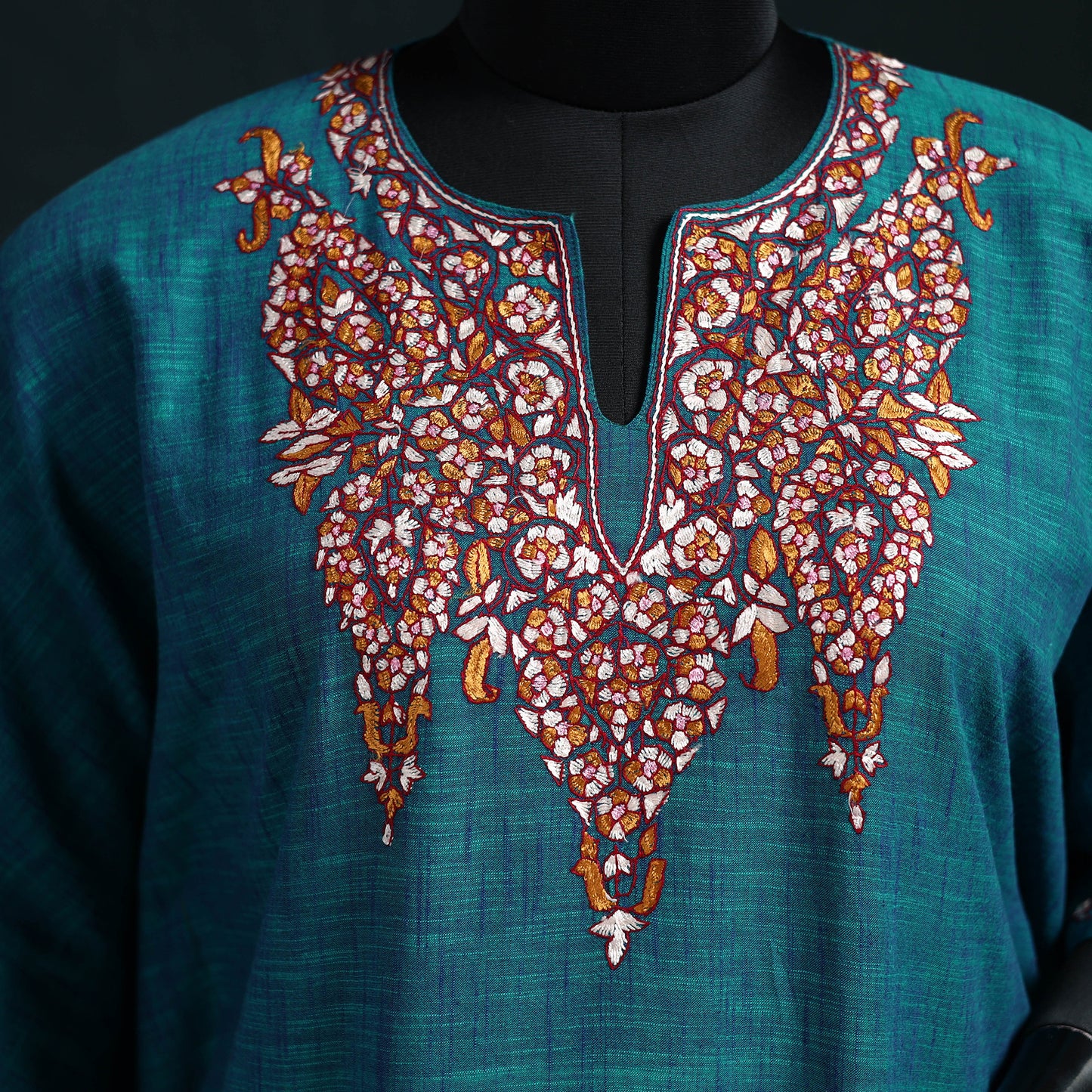 Blue - Kashmiri Kashida Hand Embroidered Cotton Kaftan (Medium) 26