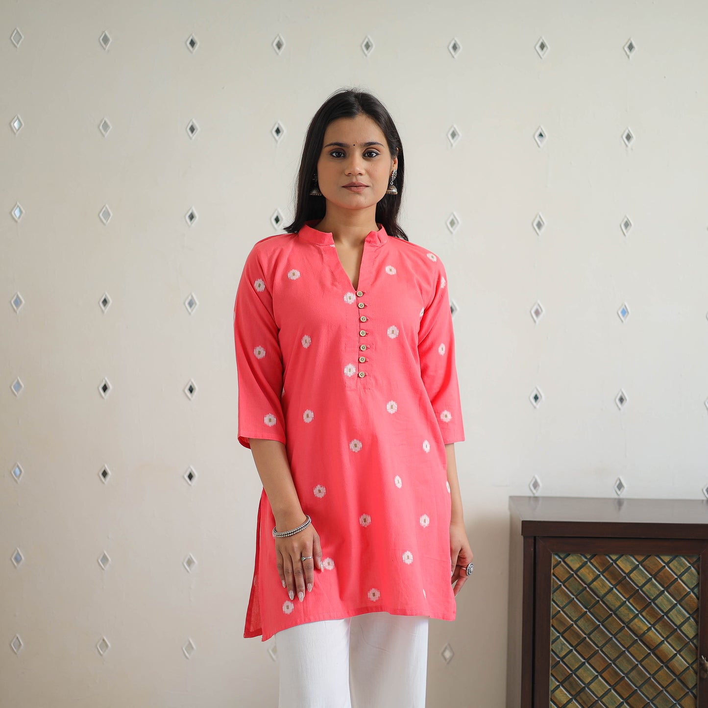 Buy Dark Peach Cotton Short Jacquard Kurta for Women