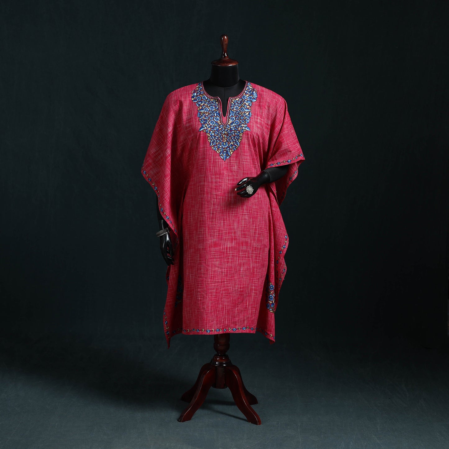 Pink - Kashmiri Kashida Hand Embroidered Cotton Kaftan (Medium) 27