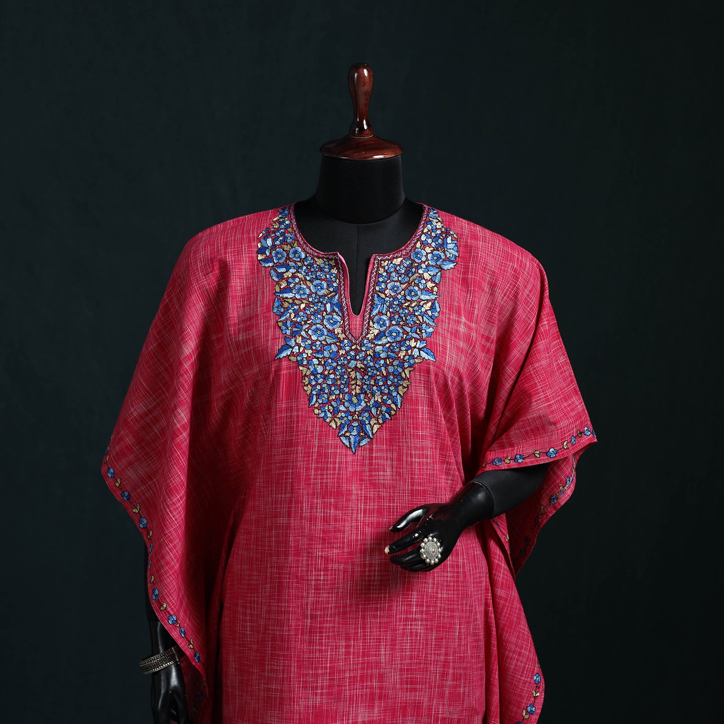 Pink - Kashmiri Kashida Hand Embroidered Cotton Kaftan (Medium) 27