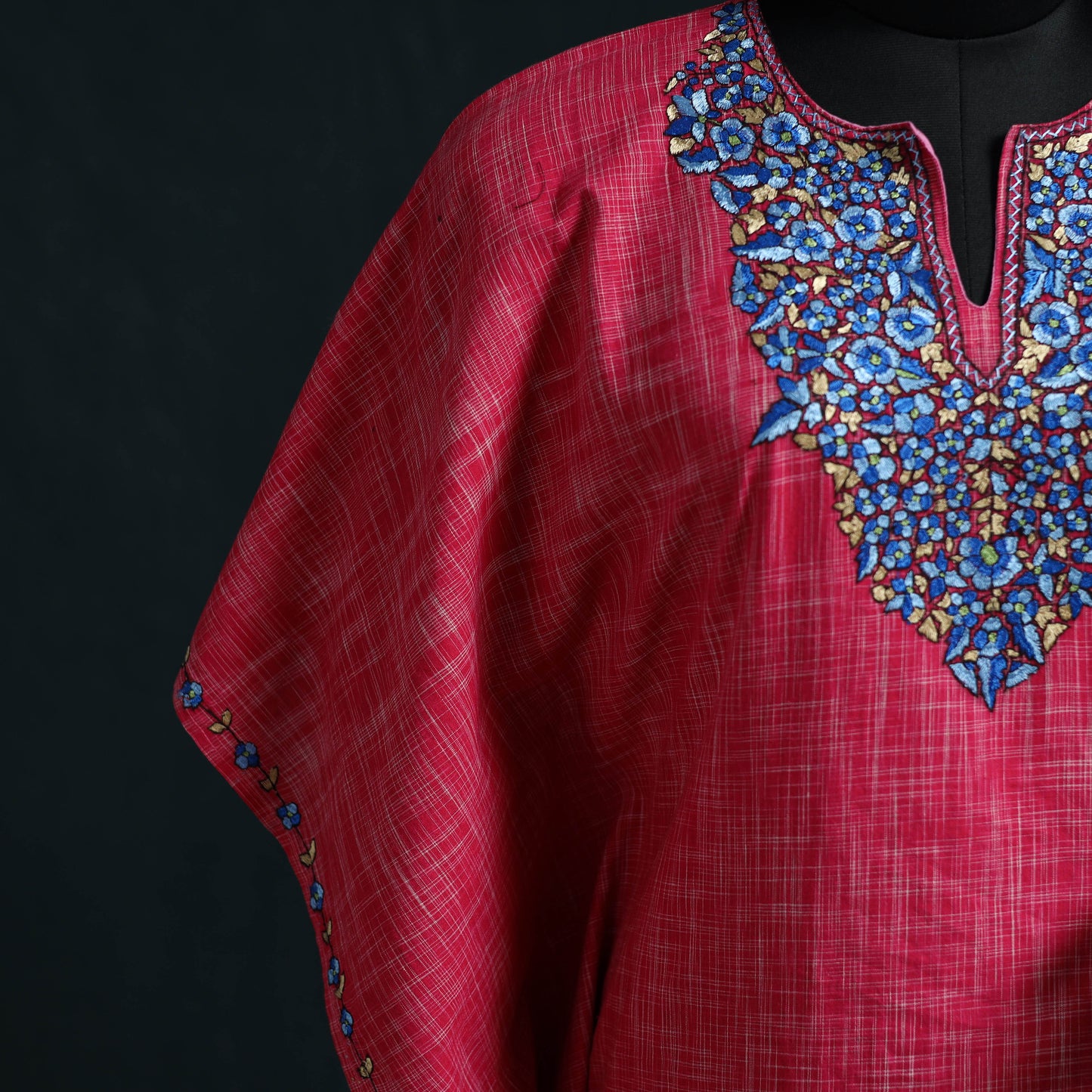 Pink - Kashmiri Kashida Hand Embroidered Cotton Kaftan (Medium) 27