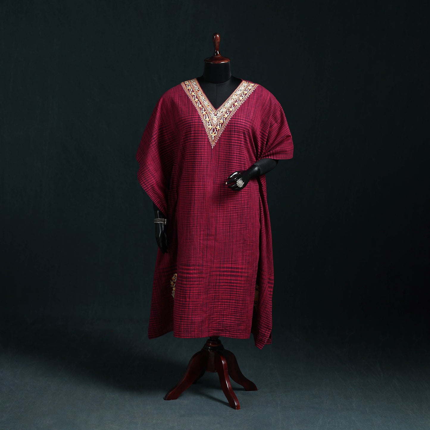 Pink - Kashmiri Aari Hand Embroidered Cotton Kaftan (Medium) 28