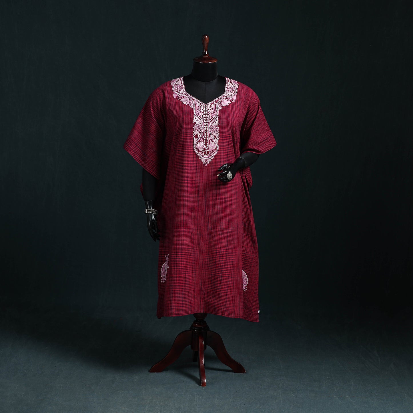 Pink - Kashmiri Aari Hand Embroidered Cotton Kaftan (Medium) 29