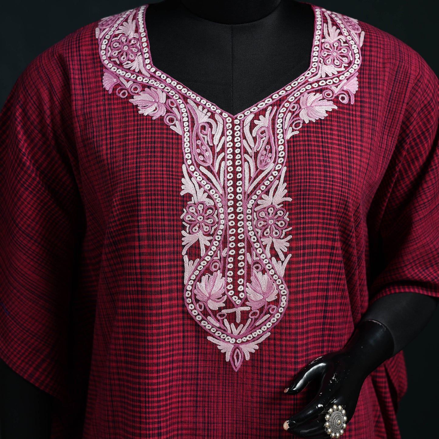 Pink - Kashmiri Aari Hand Embroidered Cotton Kaftan (Medium) 29