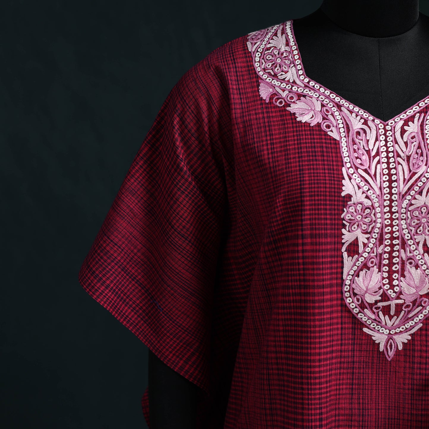 Pink - Kashmiri Aari Hand Embroidered Cotton Kaftan (Medium) 29