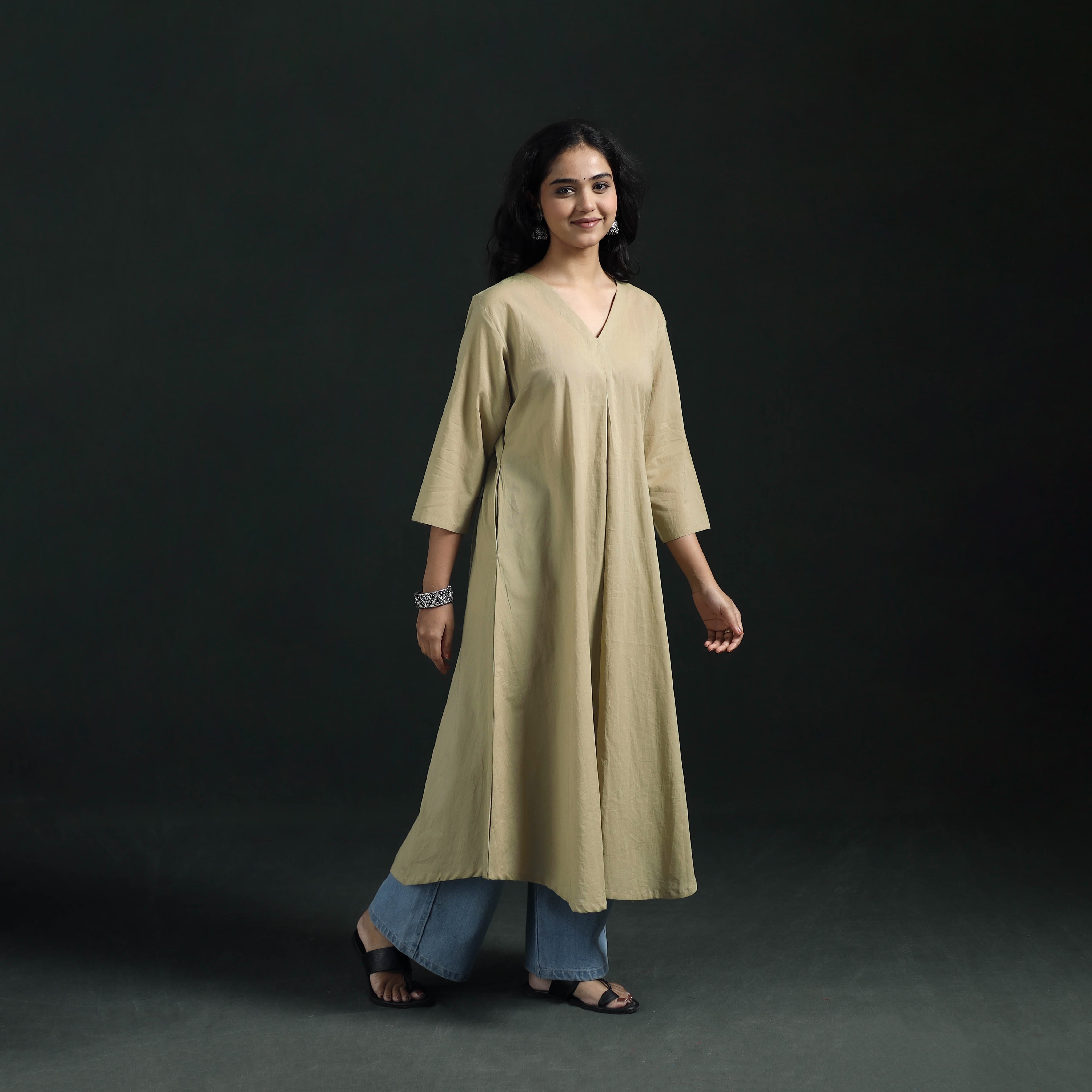 Beige - Plain Cotton A-Line Long Kurta for Women 02