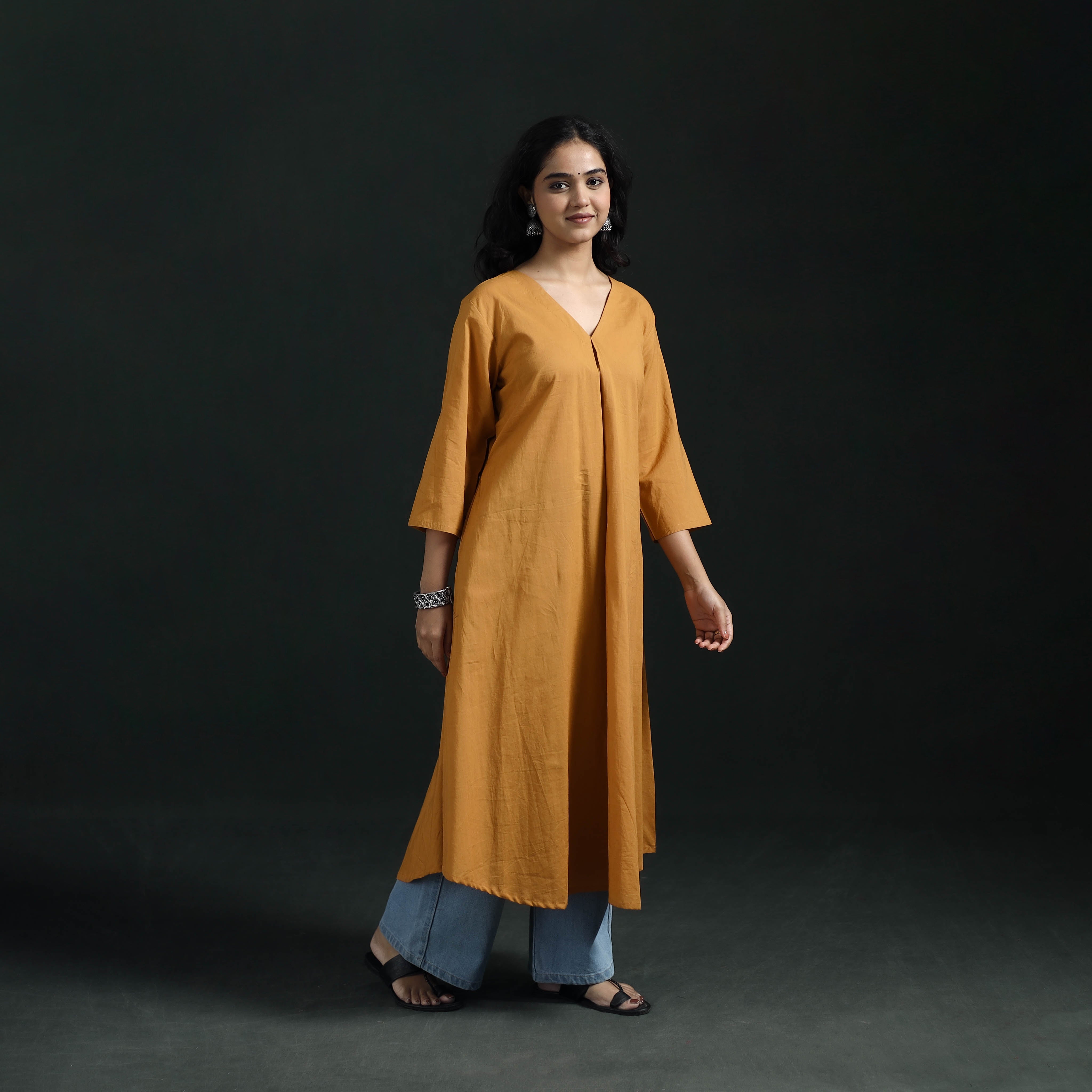 Yellow - Plain Cotton A-Line Long Kurta for Women 01