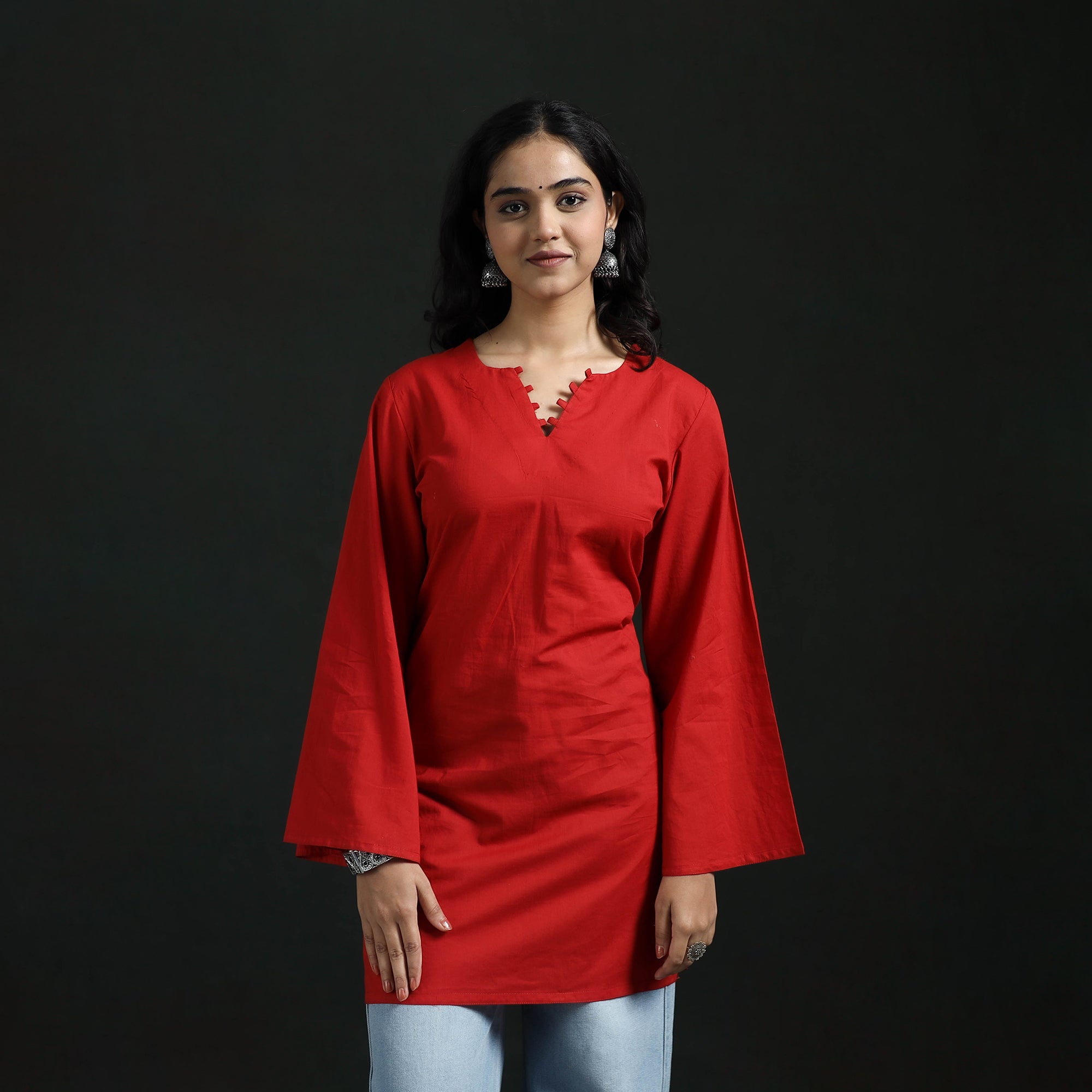 Red - Plain Cotton Short Kurta for Women 15