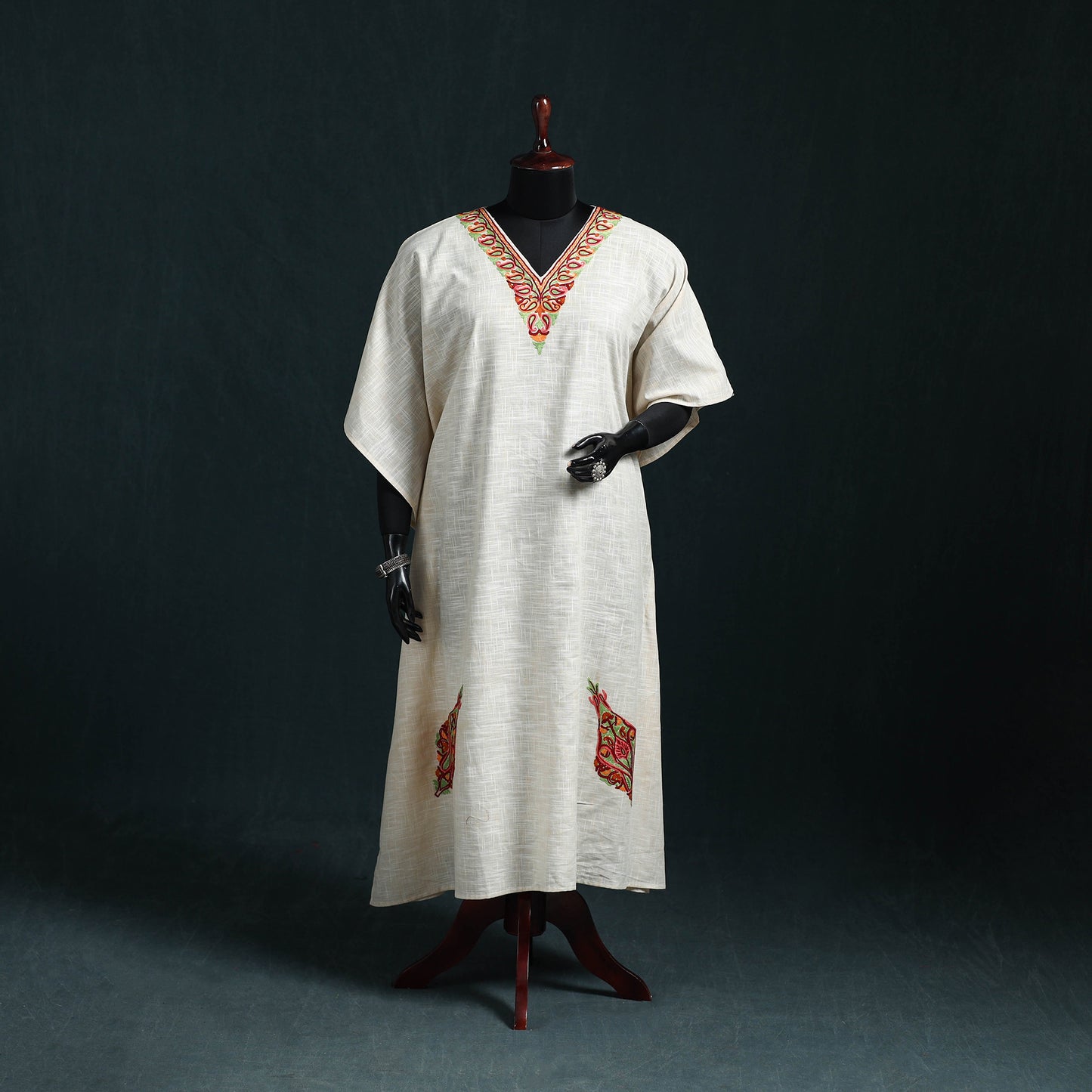 White - Kashmiri Aari Hand Embroidered Cotton Kaftan (Long) 36