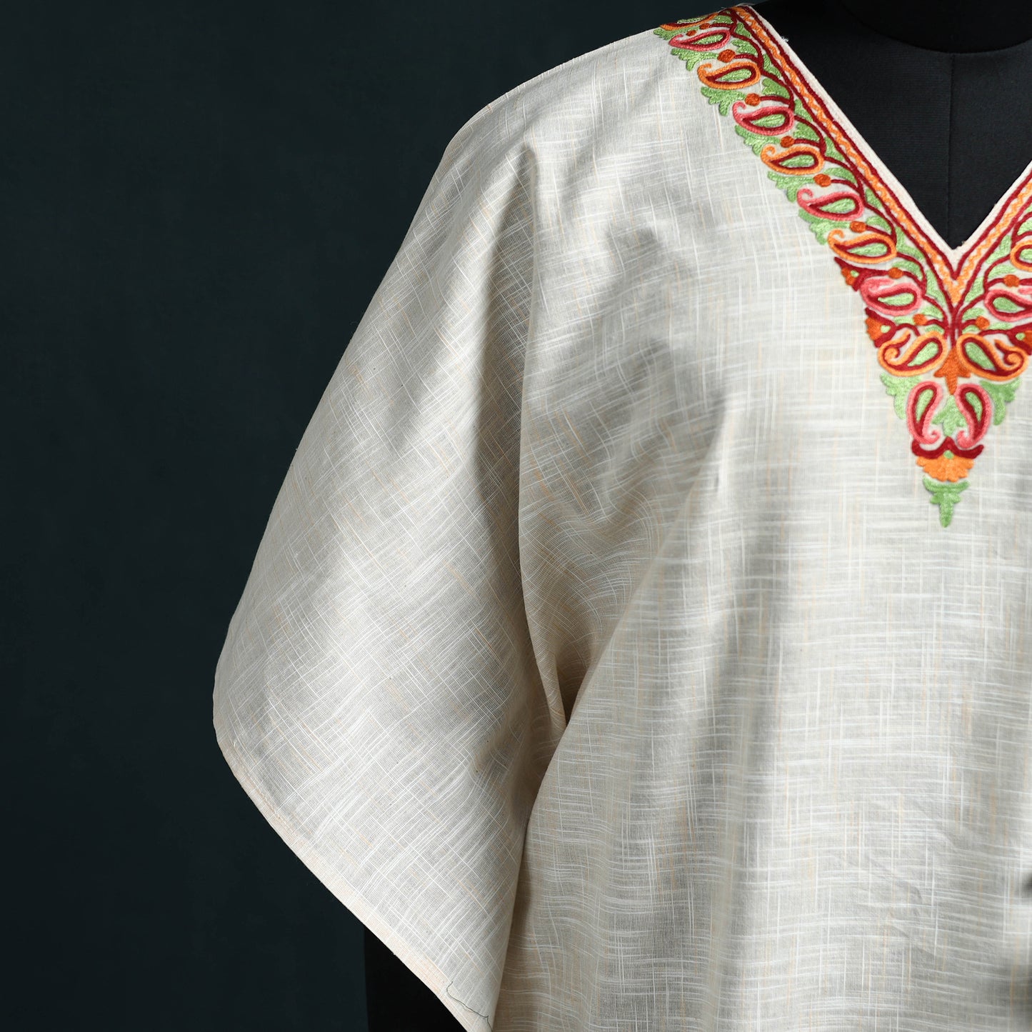 White - Kashmiri Aari Hand Embroidered Cotton Kaftan (Long) 36