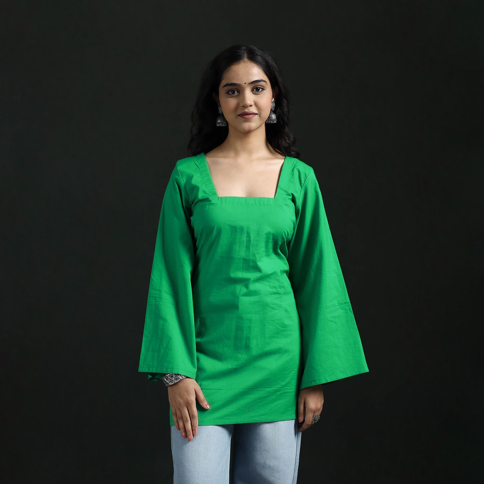Green - Plain Cotton Short Kurta for Women 16