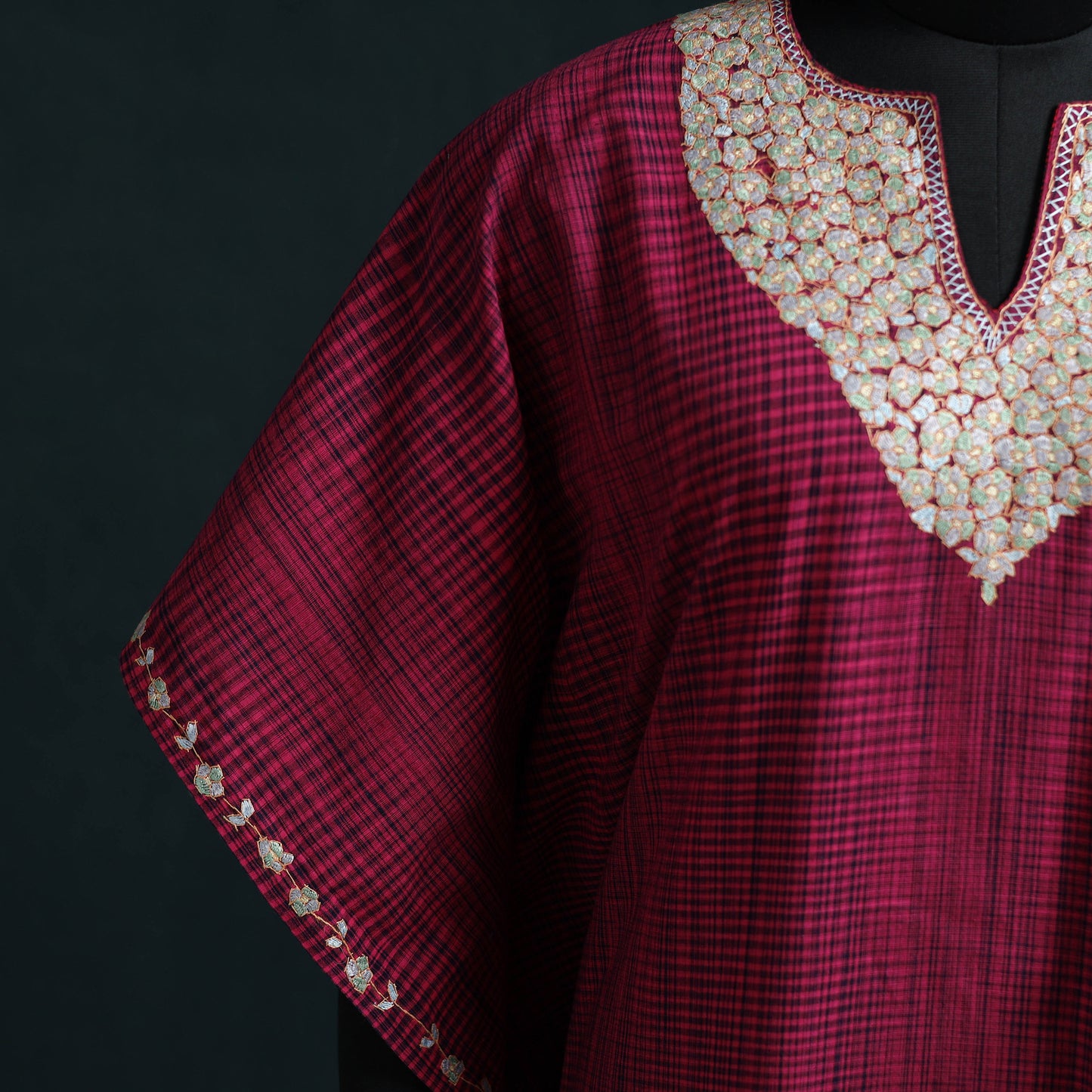 Pink - Kashmiri Kashida Hand Embroidered Cotton Kaftan (Long) 37